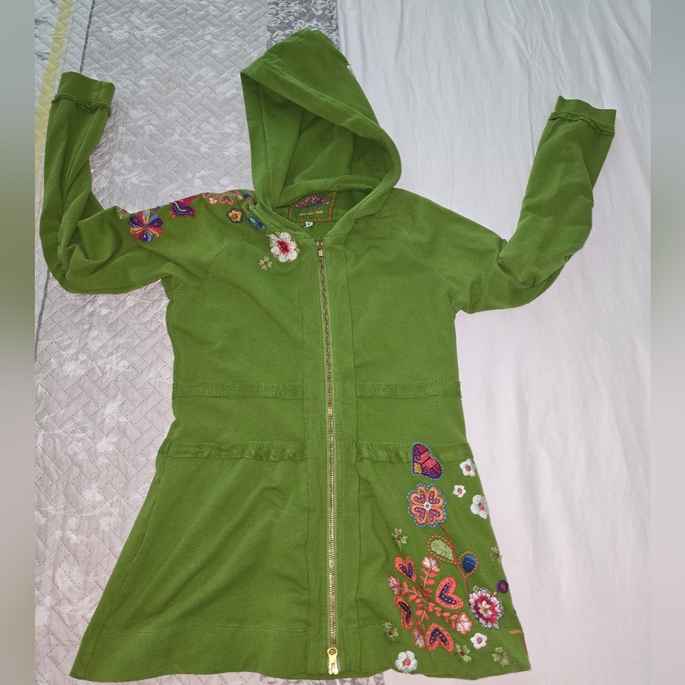 Johnny Was Green Zippered  Embroidered Hoodie